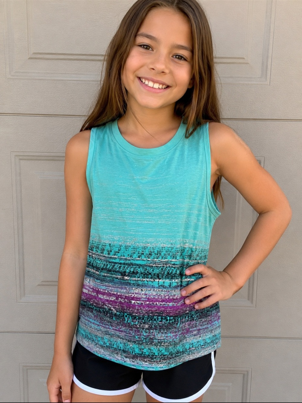 Ivivva Girls Teal Tank Top with Purple and Silver Metallic Accents